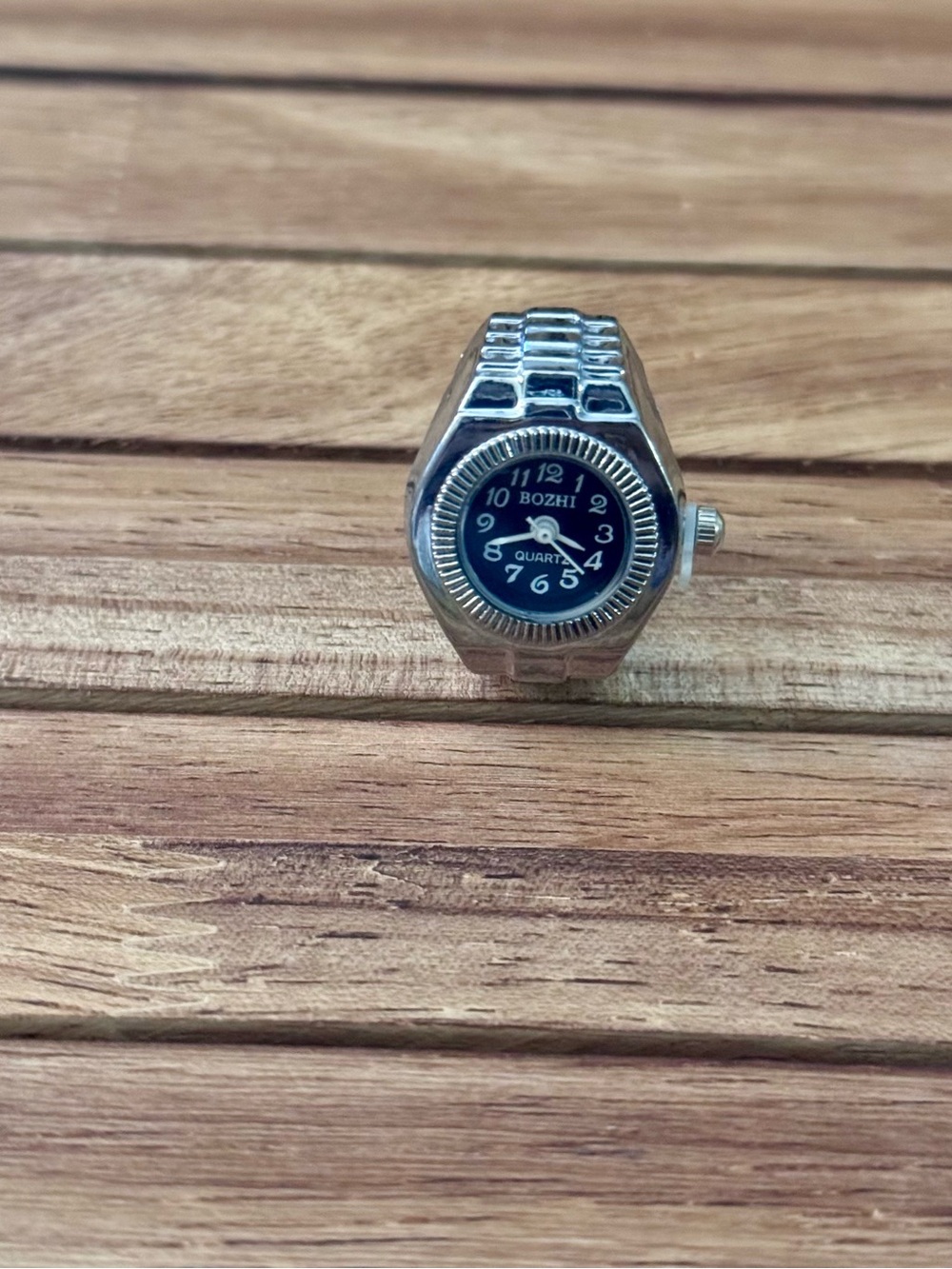 Silver-Tone Ring Watch with Black Dial